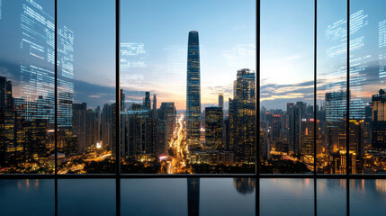 Urban skyline view with economic data overlay, showcasing modern architecture and city lights