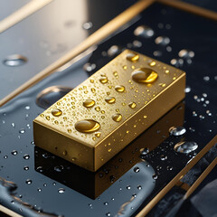 Close up of a gold bar covered in water droplets on a dark reflective surface