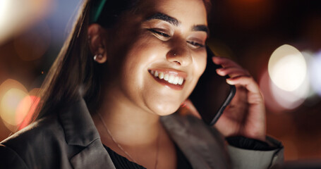 Happy woman, night or conversation with phone call in city for friendly chat, network or...