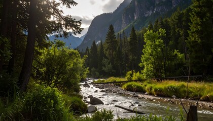 Obraz premium Scenic view of a river flowing through a forest in a mountainous area