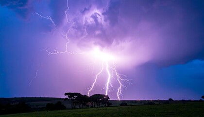 Dramatic nighttime lightning strike over a field