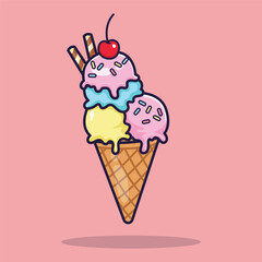 Delicious Ice Cream Cone with Multiple Scoops and Cherry. vector illustration