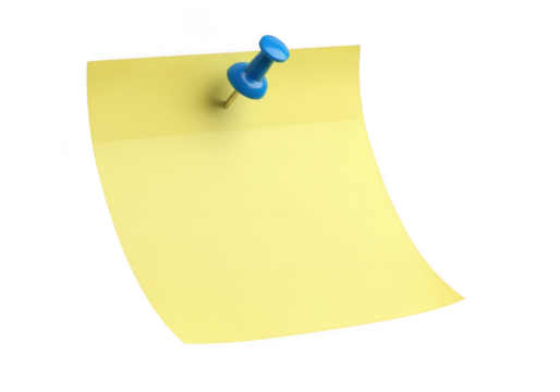 Yellow sticky note with blue pushpin isolated on transparent background