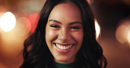 Night, portrait and smile with woman employee at work for career development or job opportunity....
