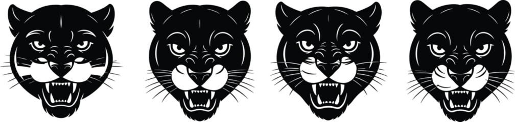 Panther head illustration set, fierce wild cat vector art, black and white predator face design, roaring animal graphic, CAD drawing flat vector illustration
