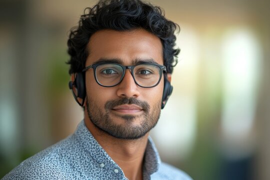 Serious Indian man wearing a headset working in the office and looking confidently at the camera, close-up portrait, displaying professionalism and expertise in his field, Generative AI - Powered by Adobe