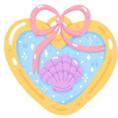 Heart-Shaped Ocean Locket with Pink Bow – Cute Summer Clipart for Beachcore Designs
