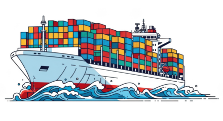 Cargo ship with containers isolated on transparent background