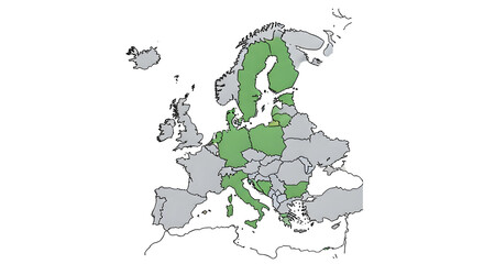Obraz premium Map of Europe highlighting countries that are members of the European Union.