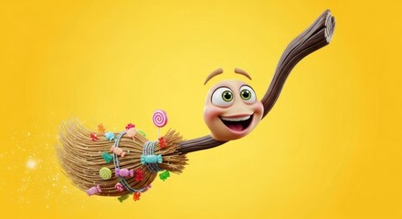 Cartoon broom character with a smiling face and candy on a bright yellow background
