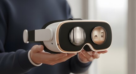 A person holds a sleek, modern virtual reality headset, showcasing the next generation of immersive digital entertainment and simulated experiences