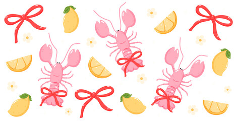 Lobster and Lemon Coastal Summer Food Illustration with Bows and La Dolce Vita Text