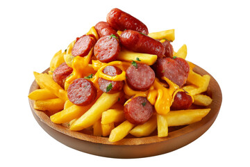 Tasty French fries topped with sausages, jalapeno slices, and melted cheese on wooden plate isolated on white transparent background. Concept of Peru fast food and comfort meal