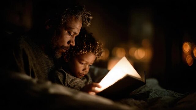 Father and child reading together in a cozy room with warm ambient lighting, creating a nurturing and educational bedtime atmosphere