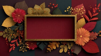 Autumnal Bloom: A floral arrangement. A harmonious composition of colorful flowers, and foliage, surrounding a blank frame, evokes the warmth and richness of autumn. Generative Ai
