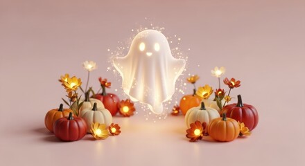 Cute halloween ghost surrounded by pumpkins and glowing flowers on pink background