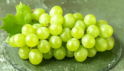 Fresh green grapes with leaves on a dark surface