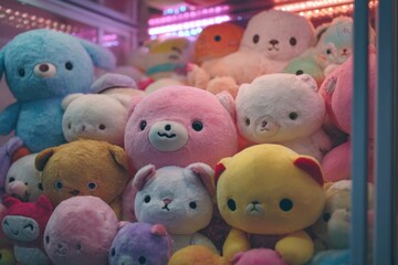 Colorful Plush Toys in a Claw Machine Displaying Soft Cuddly Animals