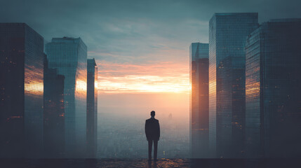 Silhouette businessperson city skyscraper sunrise urban modern architecture glass reflection. solitary figure stands between tall buildings
