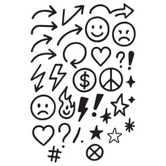 doodle vector icon set with arrows, symbols, faces, and decorative elements vector