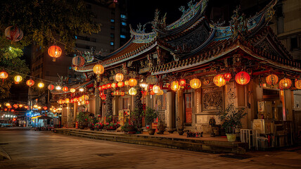 Obraz premium Temple decorated with lanterns at night