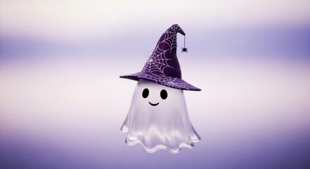 Cute halloween ghost wearing a witch hat with spiderweb design and a spider hanging from it