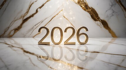 Celebrate the arrival of 2026 with stunning golden numerals and sparkling festive lights against a luxurious marble backdrop for your next project