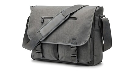 Naklejka premium Gray messenger bag with multiple pockets and adjustable strap.