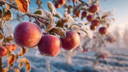 Frosty apple winter orchard red fruit icy branch cold morning sunlight nature rural seasonal tranquil