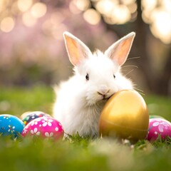Cute white bunny with Easter eggs