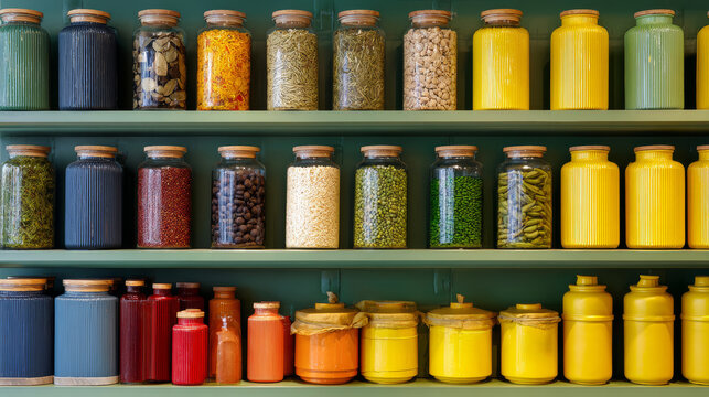 Jars shelf kitchen storage colorful glass ingredient preserved organized vibrant cheerful kitchen shelf with colorful glass jars filled with