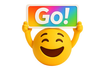 Happy 3D emoji holding a colorful rainbow "Go!" sign. Isolated icon for a concept of motivation, starting a project, encouragement, or a call to action.