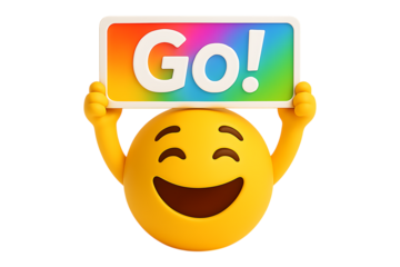 Happy 3D emoji holding a colorful rainbow "Go!" sign. Isolated icon for a concept of motivation, starting a project, encouragement, or a call to action.
