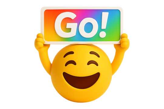 Happy 3D emoji holding a colorful rainbow "Go!" sign. Isolated icon for a concept of motivation, starting a project, encouragement, or a call to action. - Powered by Adobe