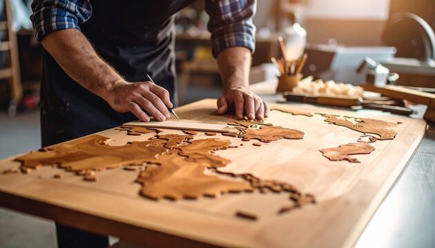 Dedicated woodworker meticulously crafts a detailed wooden world map, showcasing expert precision and artistic skill in a sunlit workshop, creating a unique piece of wood art
