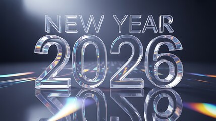 Celebrate the future with stunning, reflective 3D 'New Year 2026' text creating a dynamic, modern, and hopeful atmosphere for impactful celebrations.