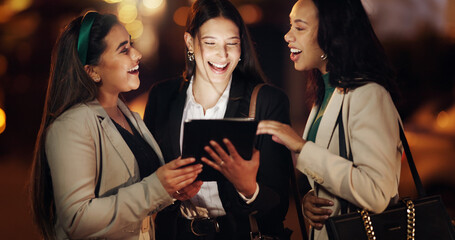 Tablet, night and laugh with business people in city for stock broker report, market research and planning. Bokeh, trading app and investor partnership with women outdoor for overtime and joke
