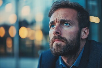Obraz premium Frustrated businessman with a beard having trouble using a smartphone outside the office, showing signs of stress or confusion while attempting to resolve an issue remotely, Generative AI