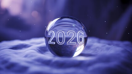 Crystal ball with 2026 glowing inside, set against a dreamy, ethereal purple haze with sparkling lights, symbolizing future possibilities and new beginnings.