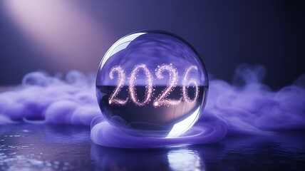 Glimpse into the future, sparkling '2026' illuminated within a mystic crystal ball surrounded by ethereal purple smoke, envisioning upcoming possibilities and aspirations.