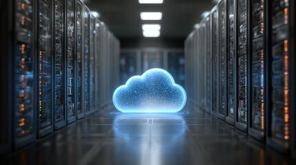 Glowing blue cloud symbol in a futuristic data center server room