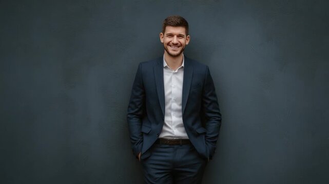 Poised Confidence: A refined individual stands with assured confidence, radiating success and approachability, showcasing a perfect blend of professionalism and charisma.