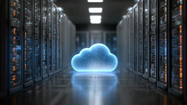 Glowing blue cloud symbol in a futuristic data center server room - Powered by Adobe
