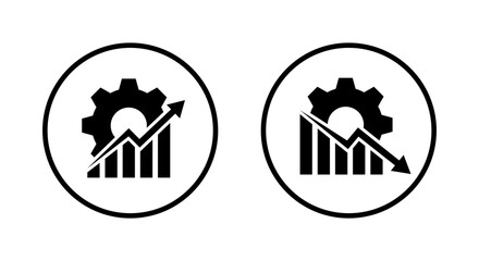 Gear and chart icon in circular outline. Business growth and decline symbol. Productivity performance concept