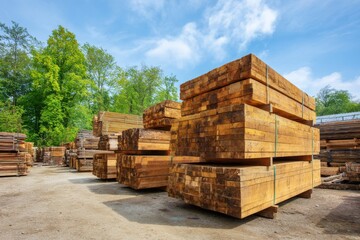 Stacked Lumber in a Sunny Forest Yard with Clear Blue Sky