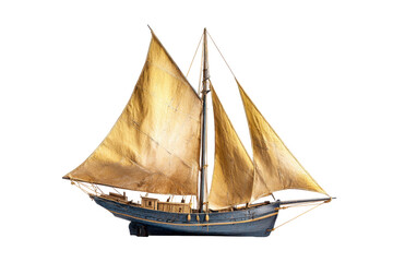 Obraz premium Traditional Wooden Sailboat Model with Golden Sails