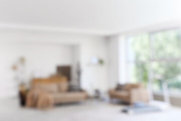 Blurred view of living room with sofas, elliptical machine and treadmill