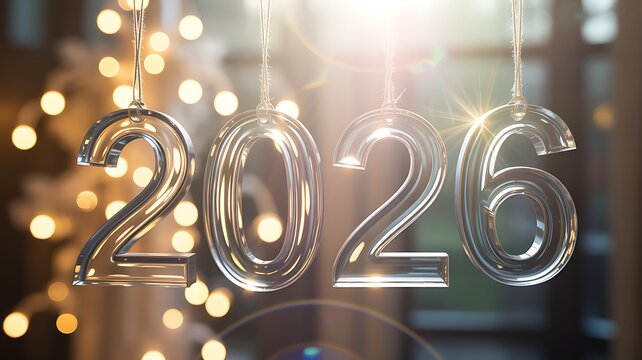 Ring in the joyous anticipation of 2026 with these elegant clear numerals illuminated by warm festive bokeh lights, perfect for your next celebration.