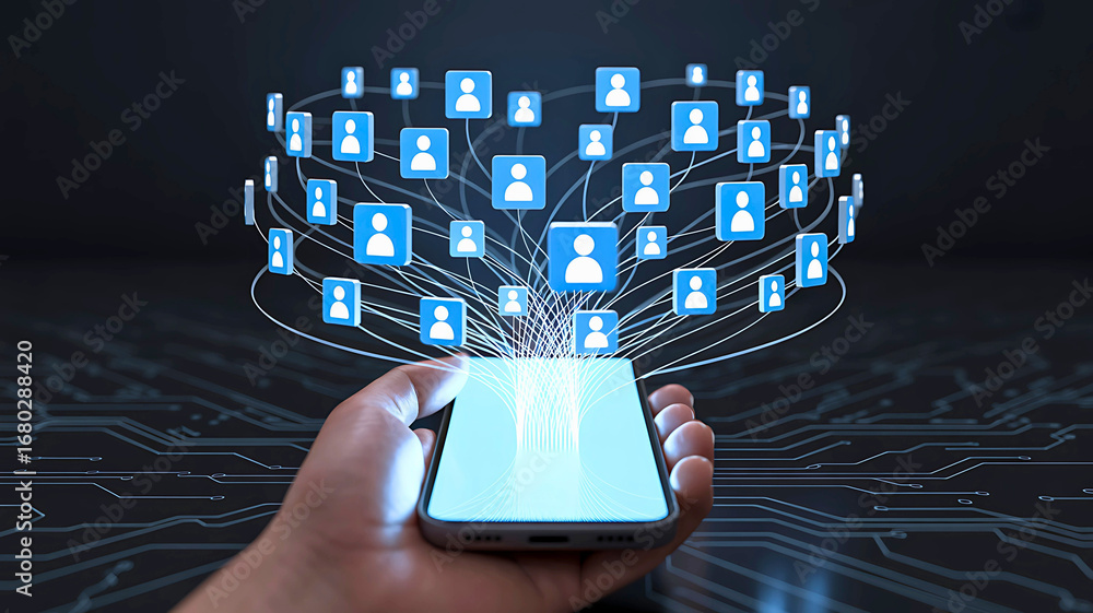 Poster digital communication concept showing a hand holding a mobile device connected to a large social net