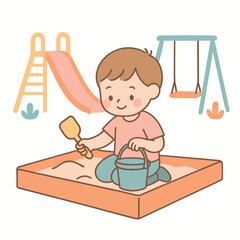 Cute Outline Illustration of Child Playing in Sandbox